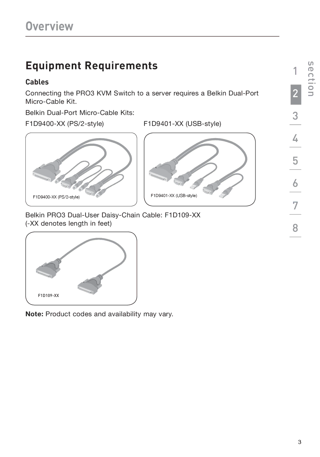 Belkin F1DA208Z manual Overview, Equipment Requirements, Cables 