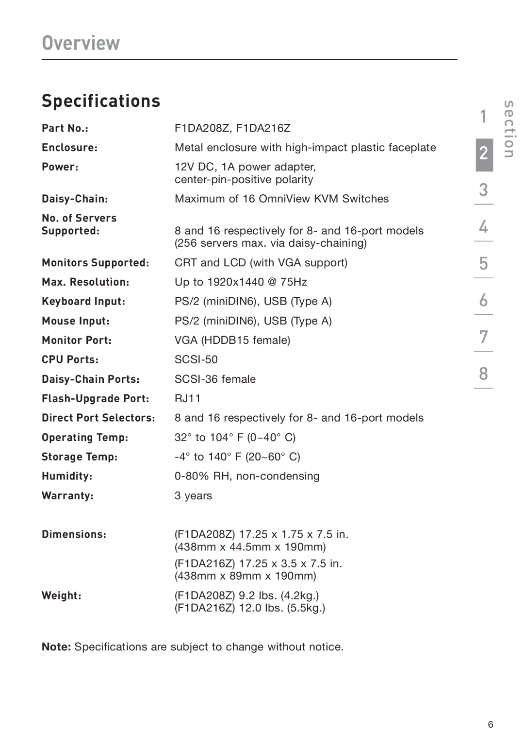 Belkin F1DA208Z manual Specifications 