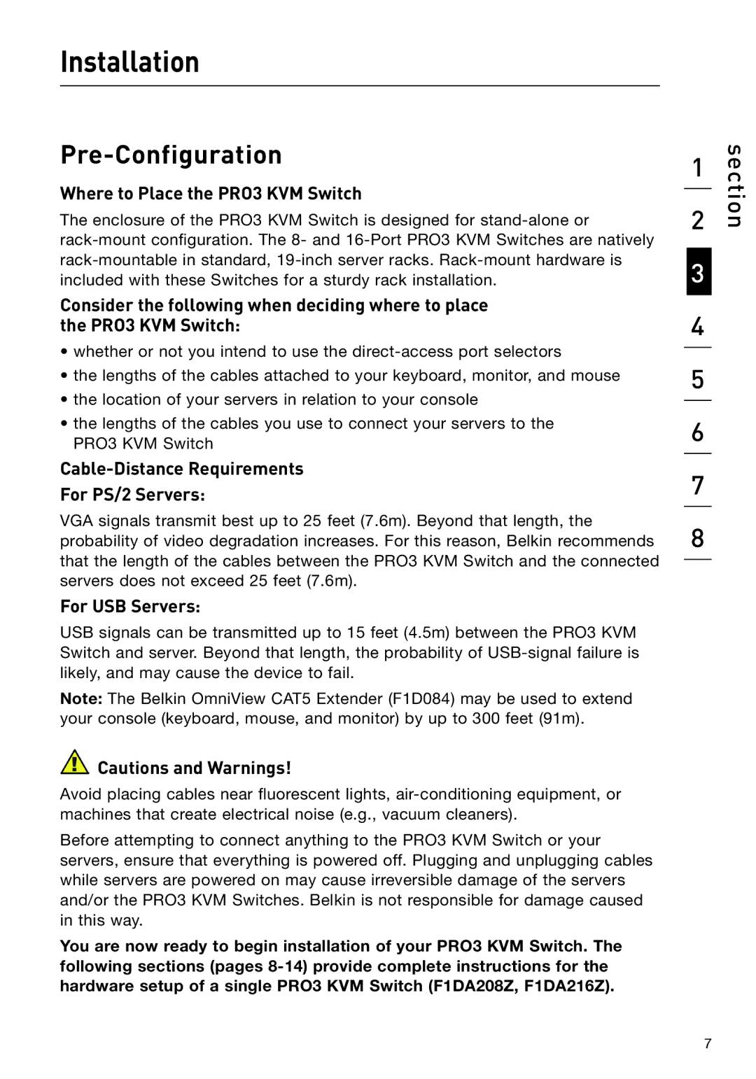 Belkin F1DA208Z manual Installation, Pre-Configuration, Where to Place the PRO3 KVM Switch, For USB Servers 