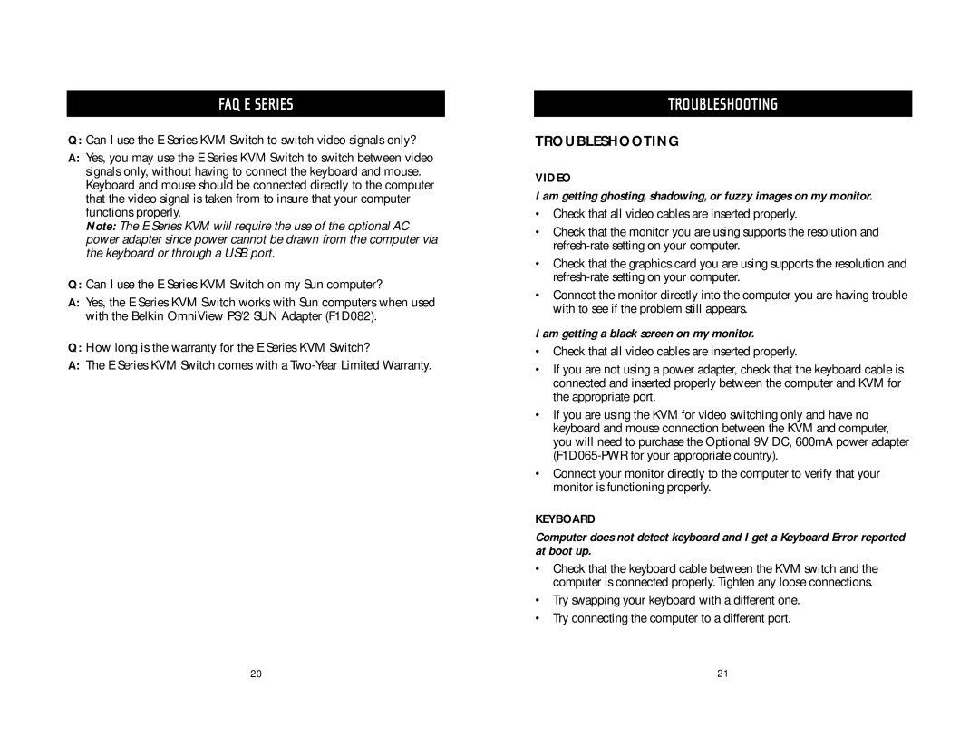 Belkin F1DB102P-B user manual Troubleshooting, Video, Keyboard 