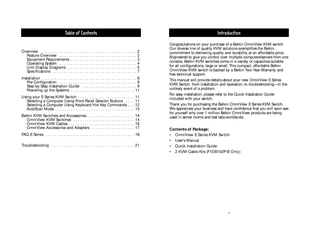 Belkin F1DB102P-B user manual Table of Contents 