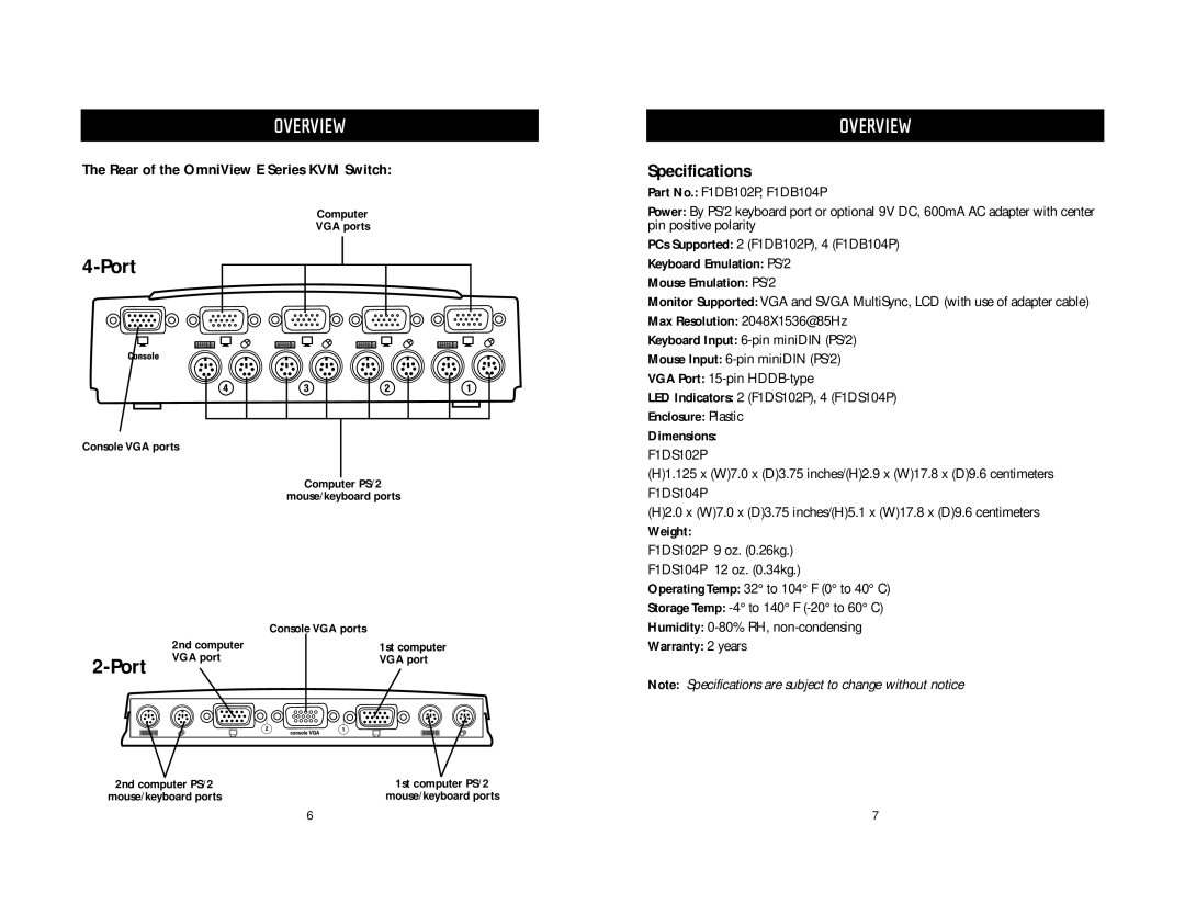 Belkin F1DB102P-B user manual Specifications, Rear of the OmniView E Series KVM Switch 