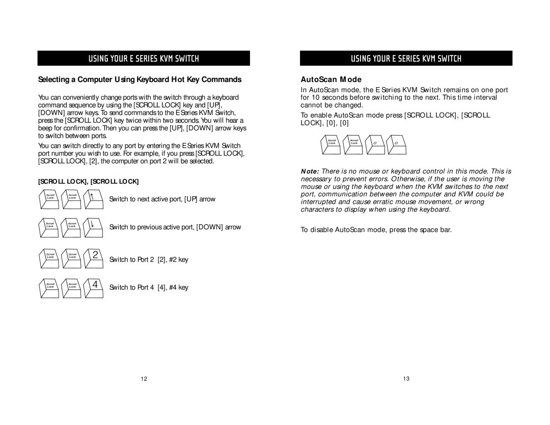 Belkin F1DB102P-B user manual Selecting a Computer Using Keyboard Hot Key Commands, AutoScan Mode, Scroll LOCK, Scroll Lock 