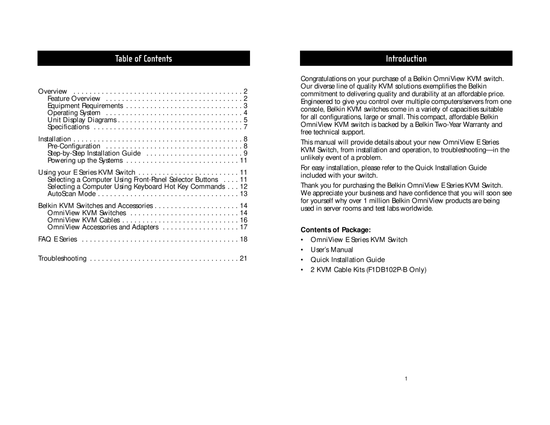 Belkin F1DB102P user manual Table of Contents, Introduction, Contents of Package 