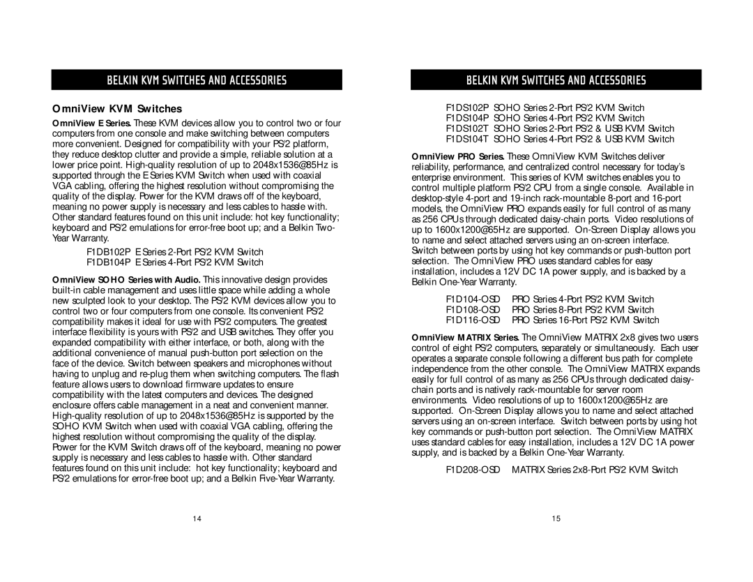 Belkin F1DB102P user manual Belkin KVM Switches and Accessories, OmniView KVM Switches 