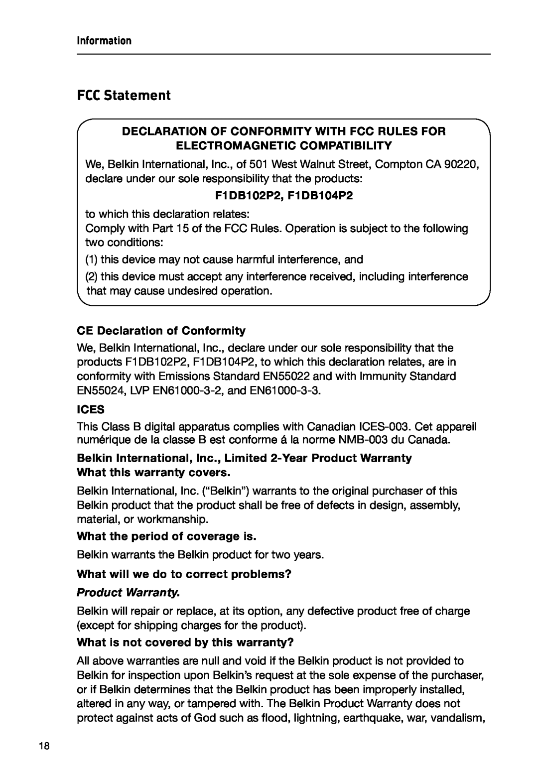 Belkin F1DB102P2 user manual FCC Statement, Product Warranty 