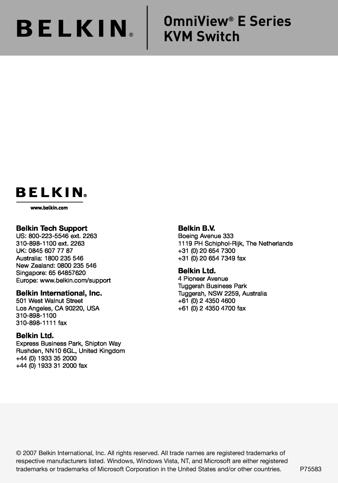Belkin F1DB102P2 user manual OmniView E Series KVM Switch, Belkin Tech Support, Belkin B.V, Belkin International, Inc 