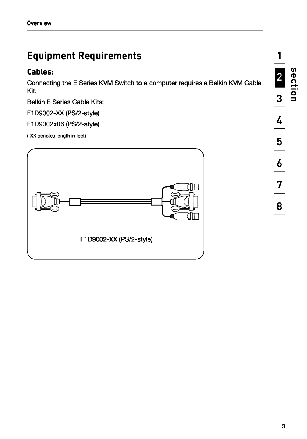 Belkin F1DB102P2 user manual Equipment Requirements, Cables, section, XX denotes length in feet 