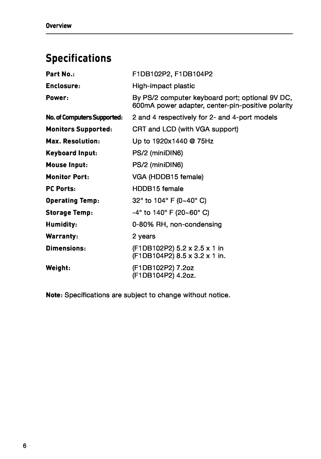 Belkin F1DB102P2 user manual Specifications, No.ofComputersSupported 