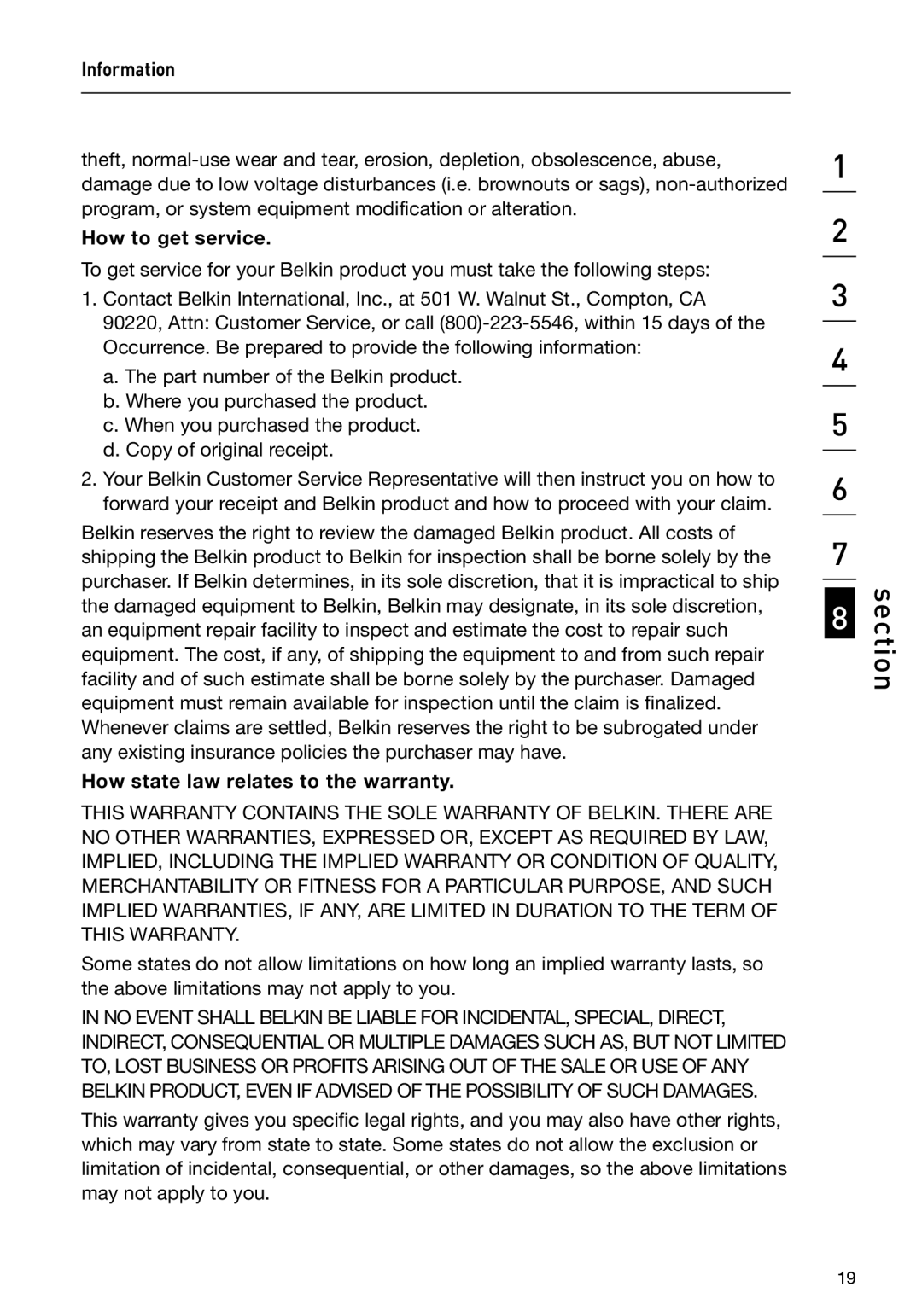 Belkin F1DB102P2 user manual How to get service, How state law relates to the warranty 