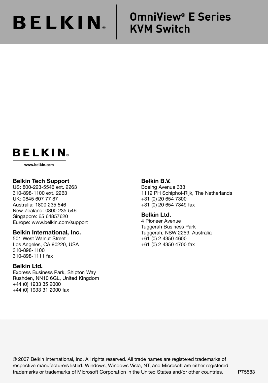 Belkin F1DB102P2 user manual Belkin Tech Support Belkin B.V, Belkin International, Inc 