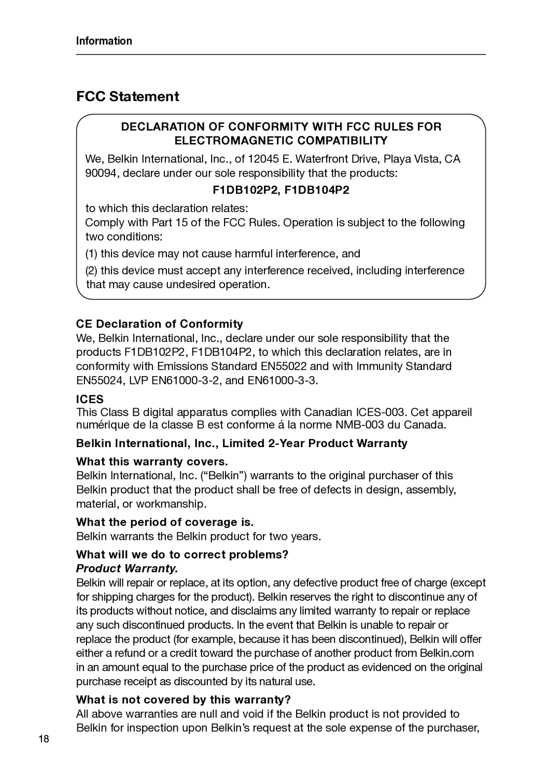 Belkin F1DB104P2-B, F1DB102P2-B user manual FCC Statement 