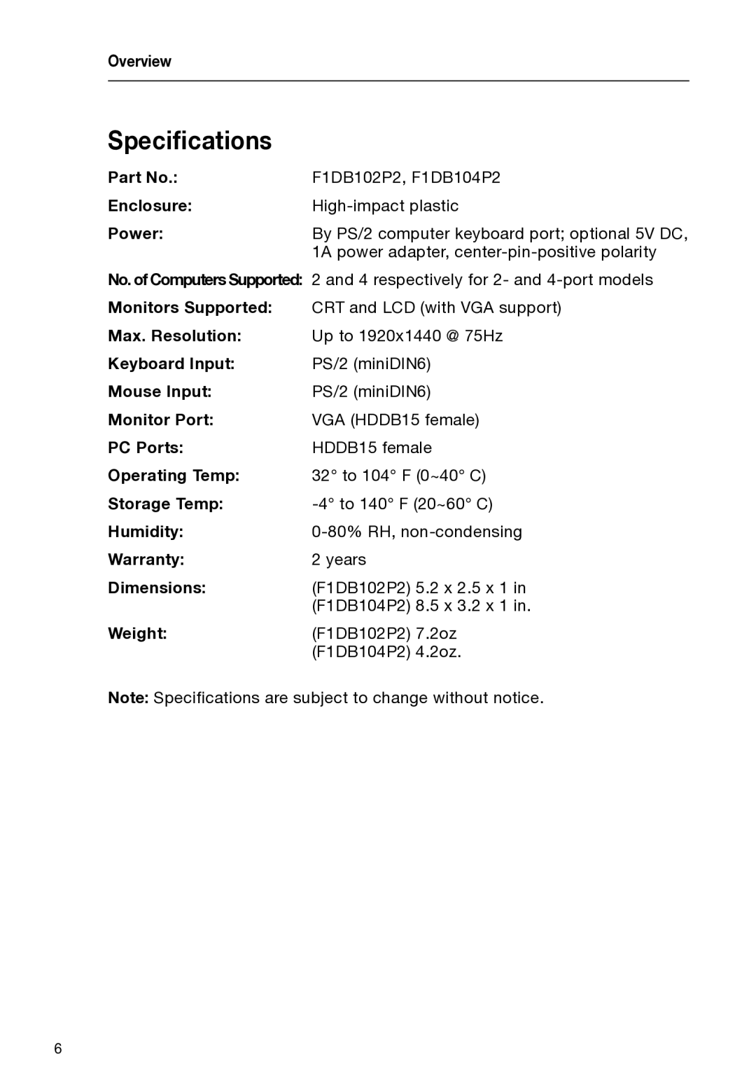 Belkin F1DB104P2-B, F1DB102P2-B user manual Specifications 