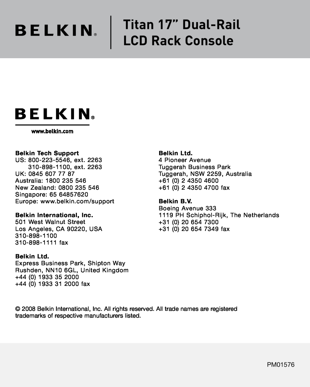 Belkin F1DC101C-US manual Titan 17” Dual-Rail LCD Rack Console, PM01576, Belkin Tech Support, Belkin B.V 