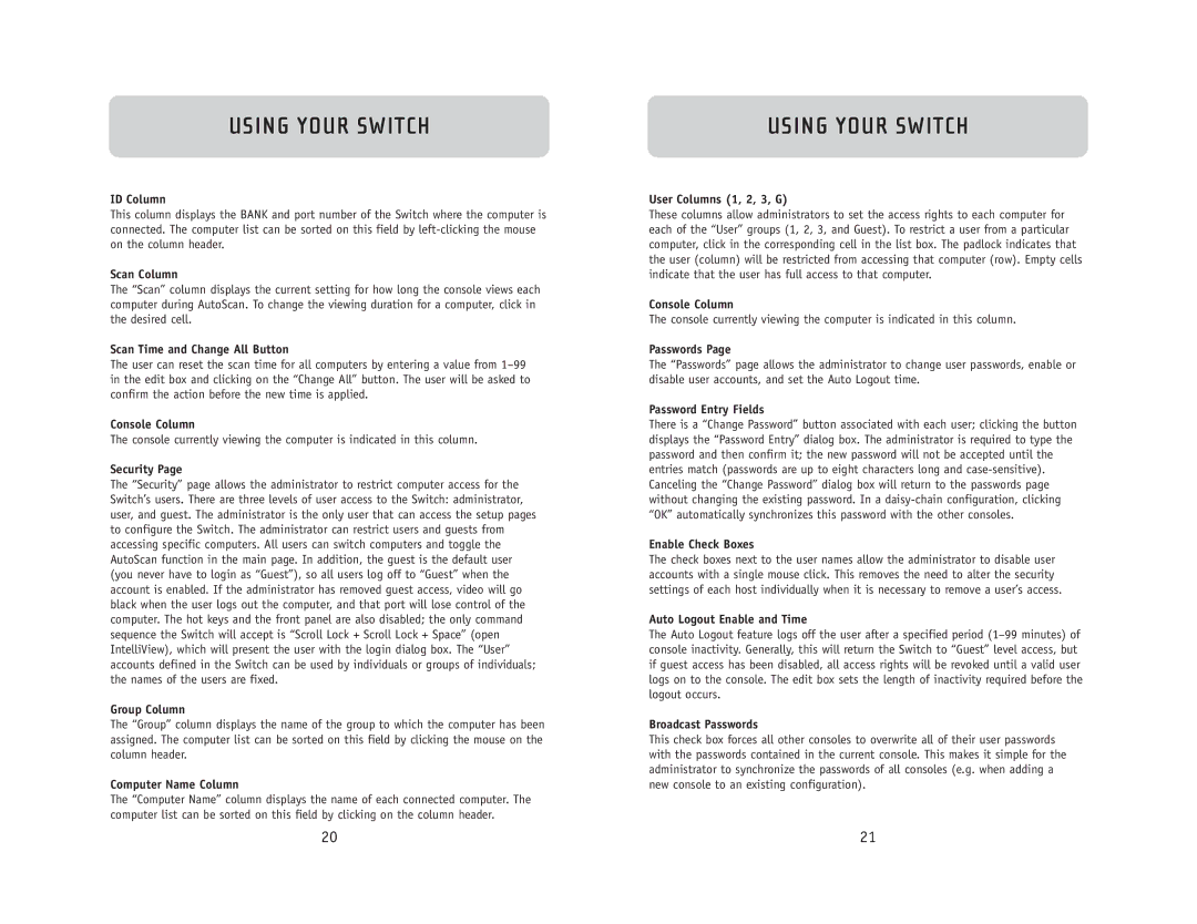 Belkin F1DC108B user manual Scan Column, Scan Time and Change All Button, Security, User Columns 1, 2, 3, G, Passwords 