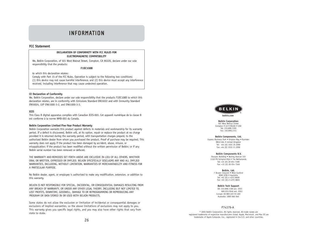 Belkin F1DC108B user manual Information, FCC Statement 