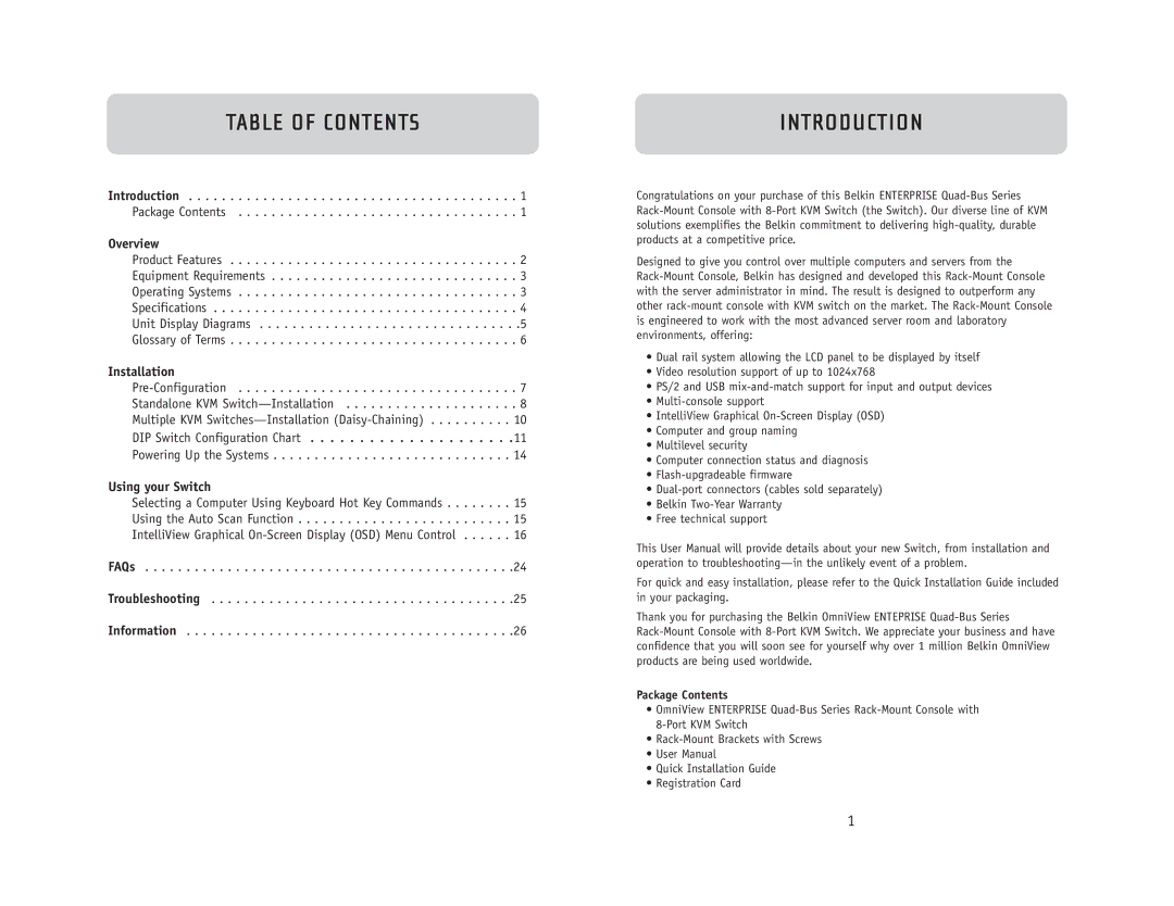 Belkin F1DC108B user manual Table of Contents, Introduction 