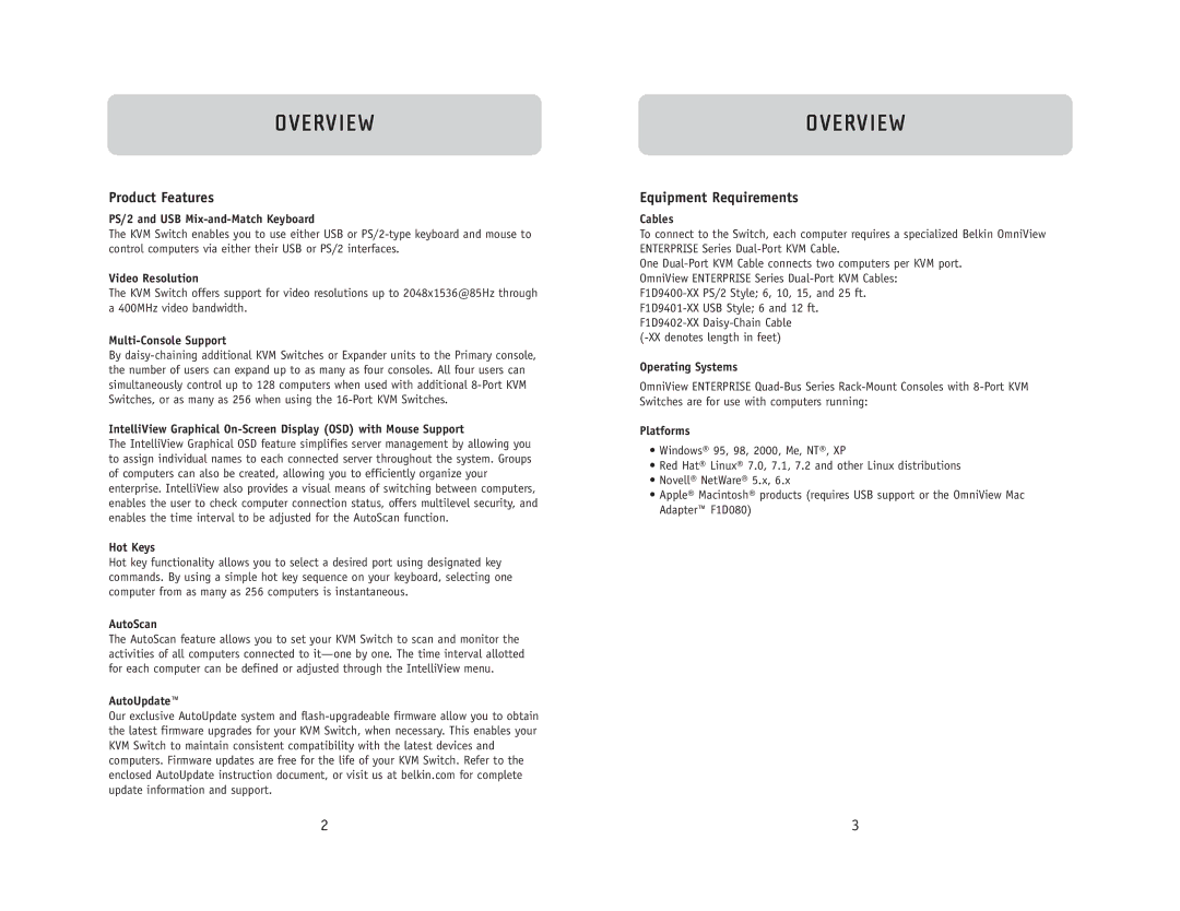 Belkin F1DC108B user manual Overview, Product Features, Equipment Requirements 