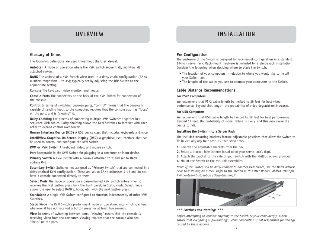 Belkin F1DC108B user manual Installation, Glossary of Terms, Pre-Configuration, Cable Distance Recommendations 