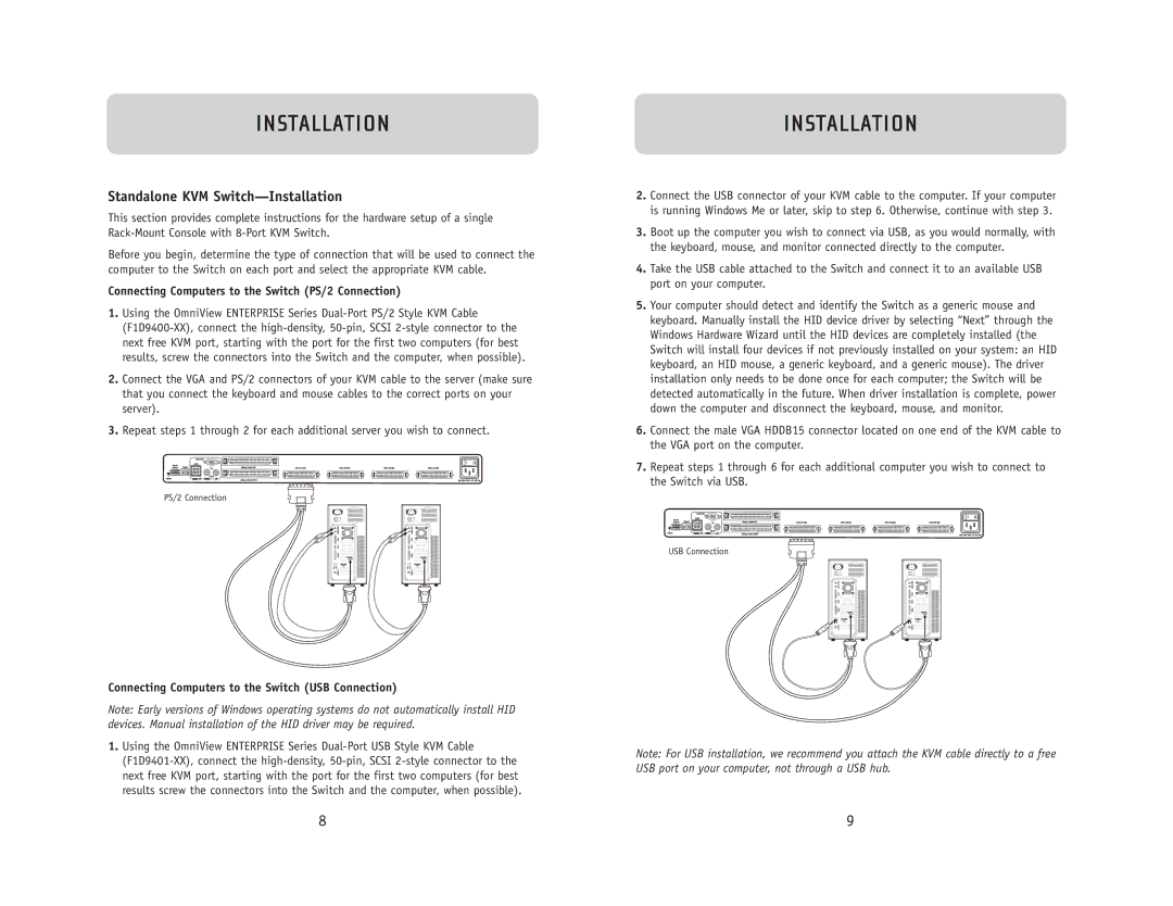 Belkin F1DC108B user manual Standalone KVM Switch-Installation, Connecting Computers to the Switch PS/2 Connection 