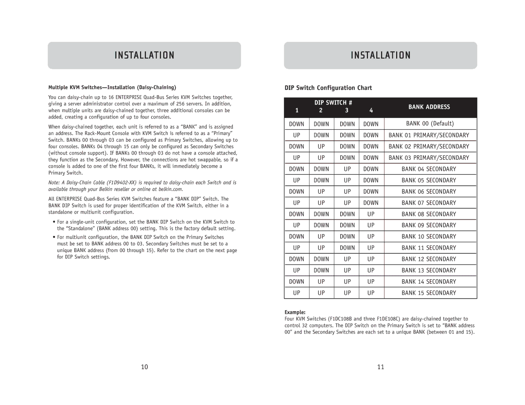 Belkin F1DC108B user manual DIP Switch Configuration Chart, Multiple KVM Switches-Installation Daisy-Chaining, Example 