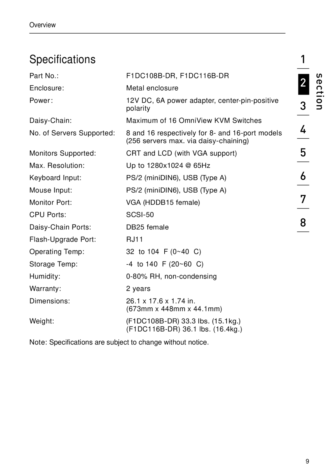 Belkin F1DC108B-DR, F1DC116B-DR user manual Specifications 