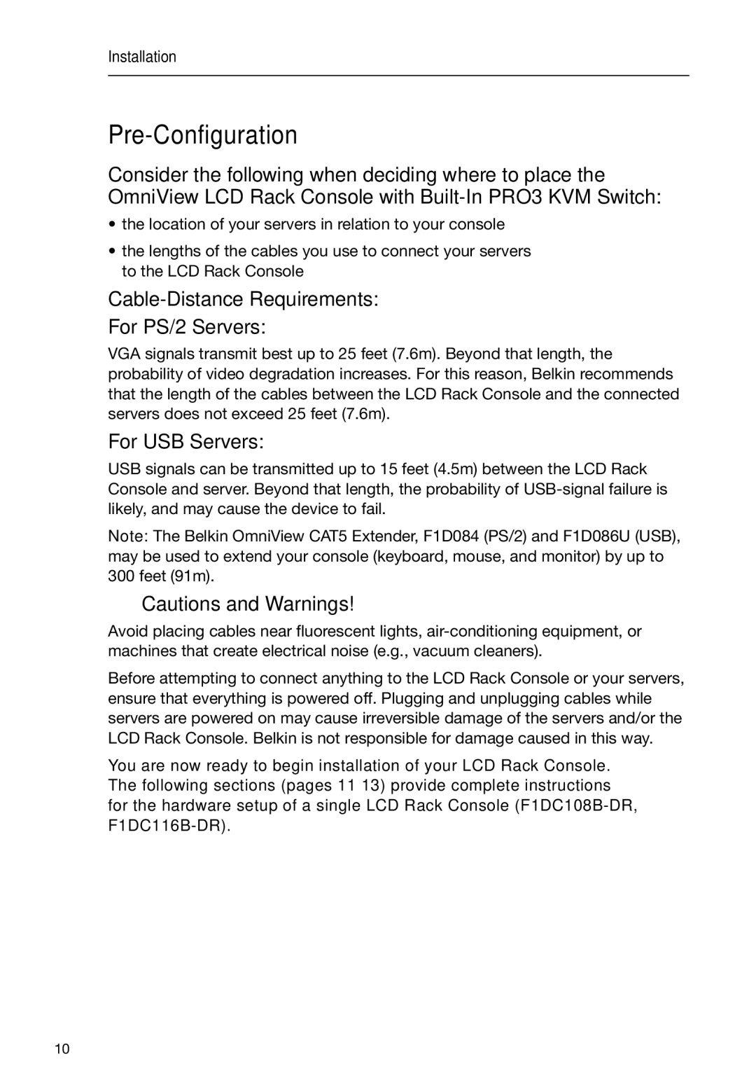 Belkin F1DC116B-DR, F1DC108B-DR user manual Pre-Configuration, Cable-Distance Requirements For PS/2 Servers, For USB Servers 