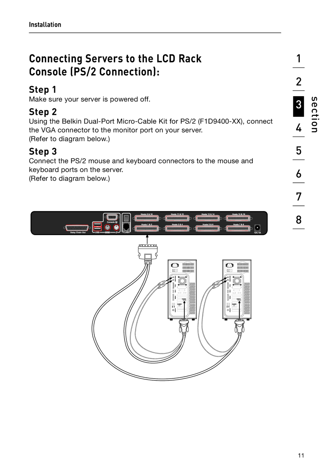 Belkin F1DC108B-DR, F1DC116B-DR user manual Connecting Servers to the LCD Rack Console PS/2 Connection 