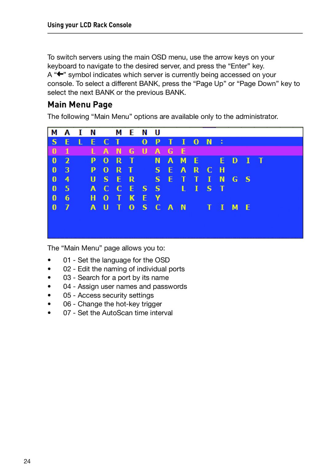 Belkin F1DC116B-DR, F1DC108B-DR user manual Main Menu 