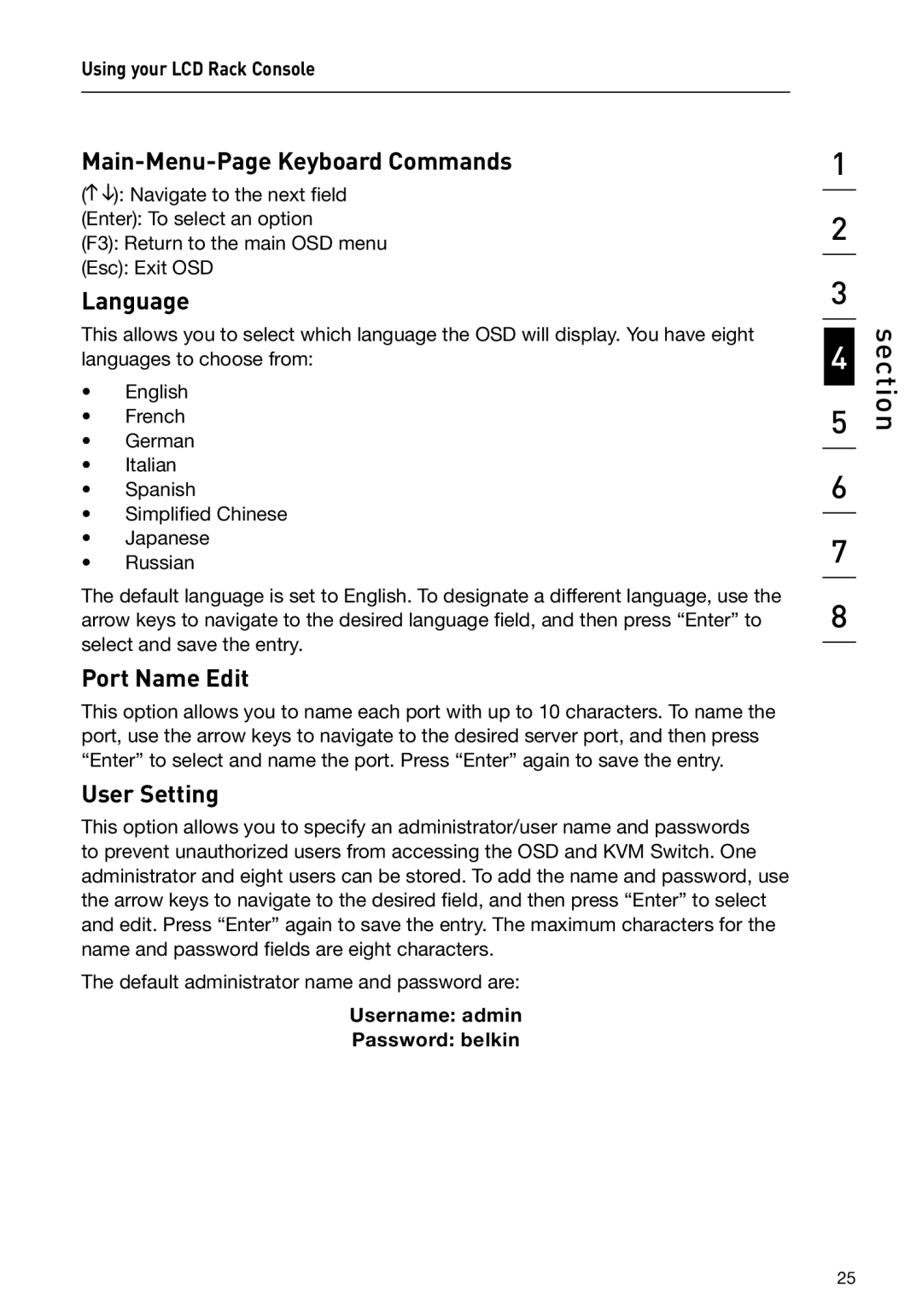 Belkin F1DC108B-DR, F1DC116B-DR user manual Main-Menu-Page Keyboard Commands, Language, Port Name Edit, User Setting 