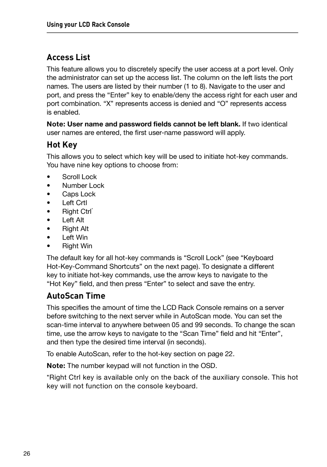 Belkin F1DC116B-DR, F1DC108B-DR user manual Access List, Hot Key, AutoScan Time 