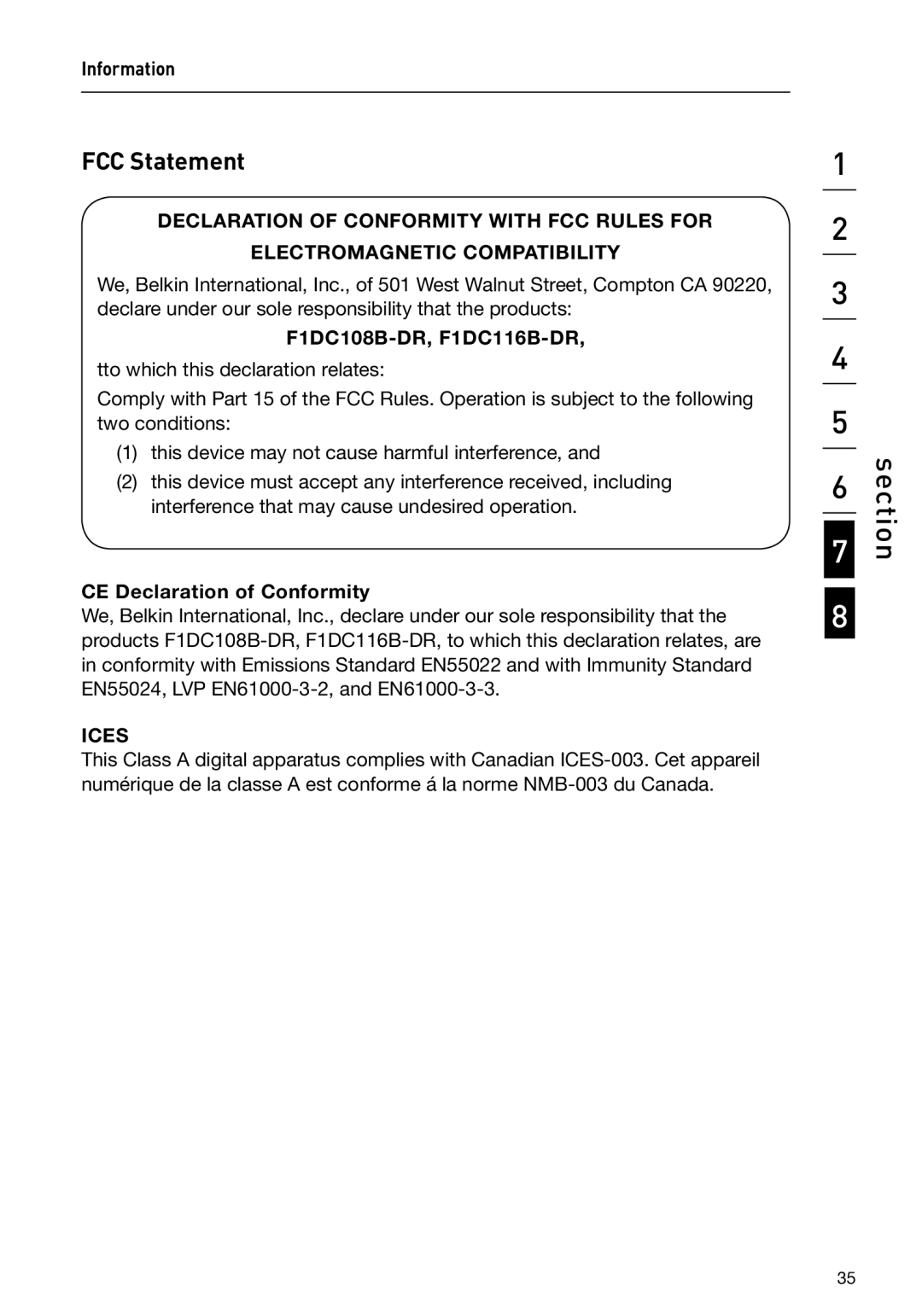 Belkin user manual FCC Statement, F1DC108B-DR, F1DC116B-DR, CE Declaration of Conformity 