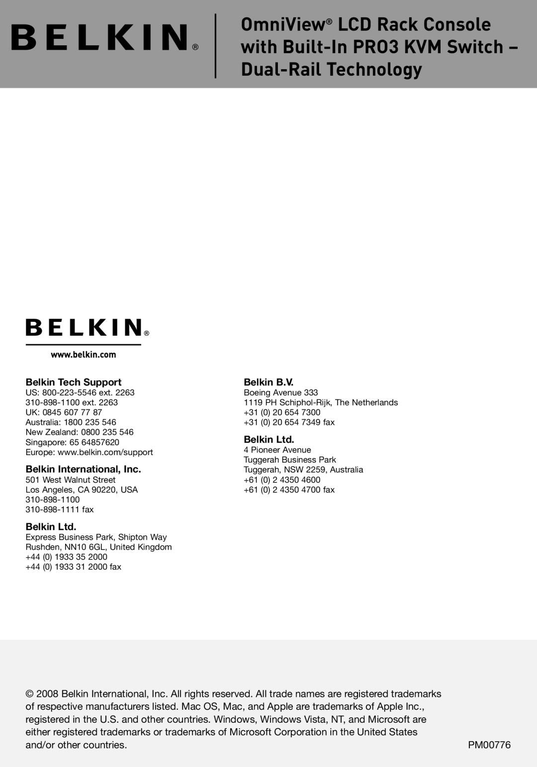 Belkin F1DC116B-DR, F1DC108B-DR user manual Belkin Tech Support Belkin B.V 