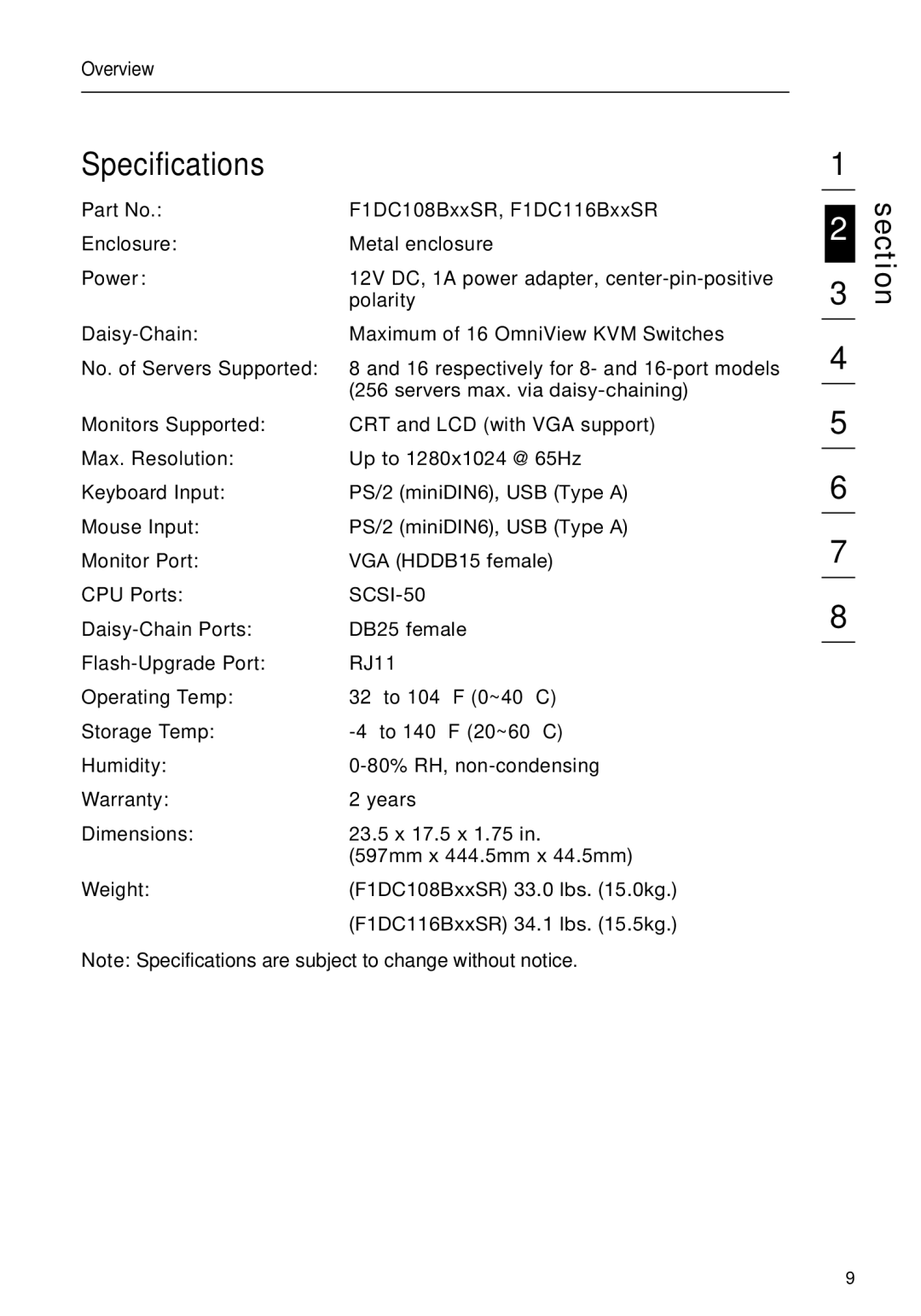 Belkin F1DC108BxxSR, F1DC116BxxSR user manual Specifications 