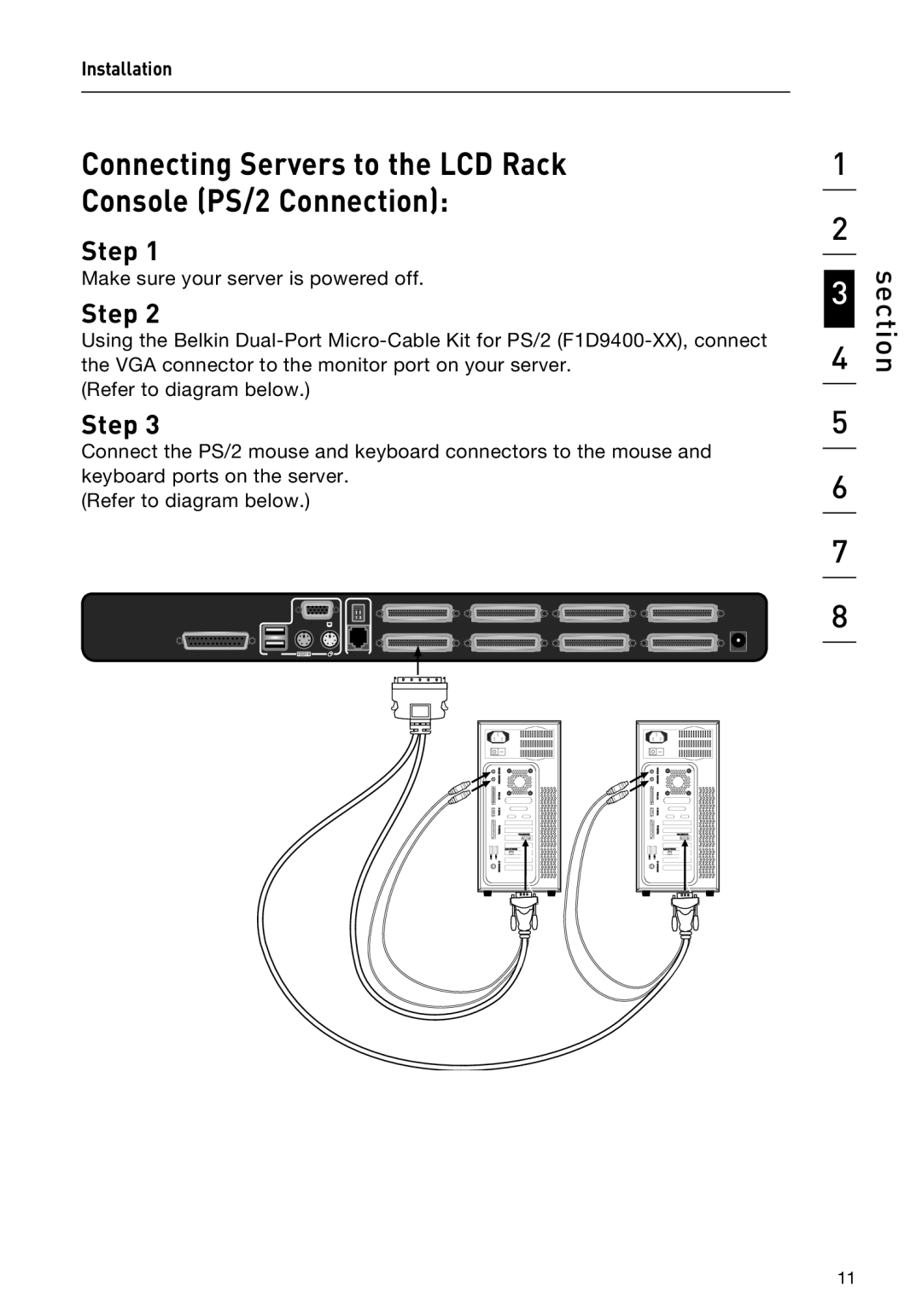 Belkin F1DC108BxxSR, F1DC116BxxSR user manual Connecting Servers to the LCD Rack Console PS/2 Connection, Installation 