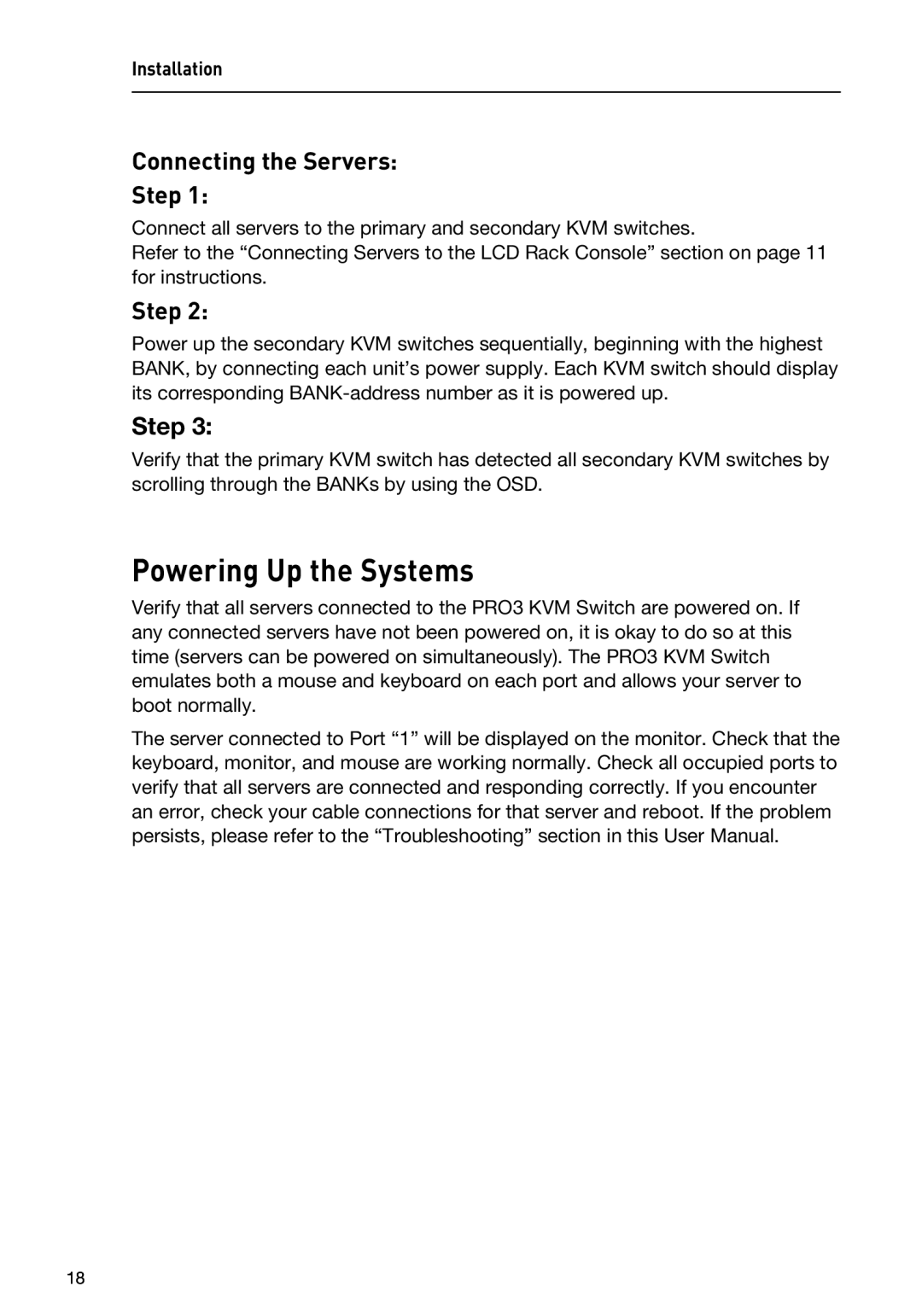 Belkin F1DC116BxxSR, F1DC108BxxSR user manual Powering Up the Systems, Connecting the Servers Step 