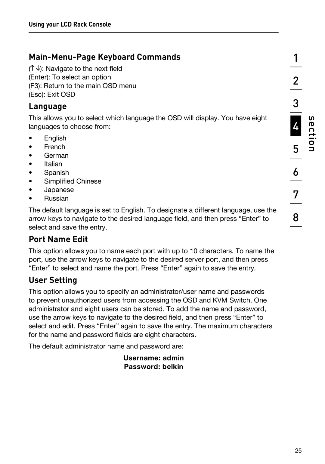 Belkin F1DC108BxxSR, F1DC116BxxSR user manual Main-Menu-Page Keyboard Commands, Language, Port Name Edit, User Setting 