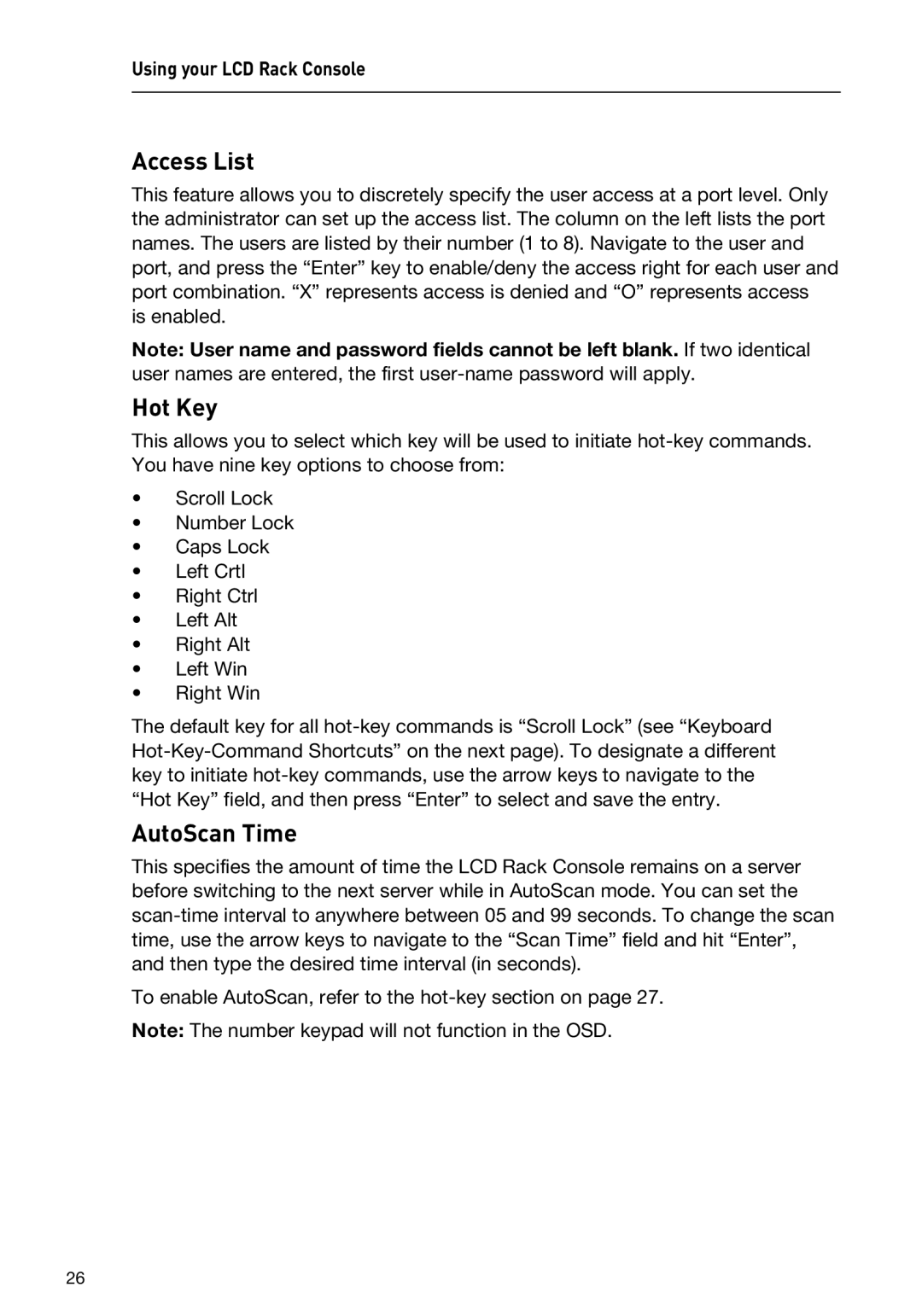 Belkin F1DC116BxxSR, F1DC108BxxSR user manual Access List, Hot Key, AutoScan Time 