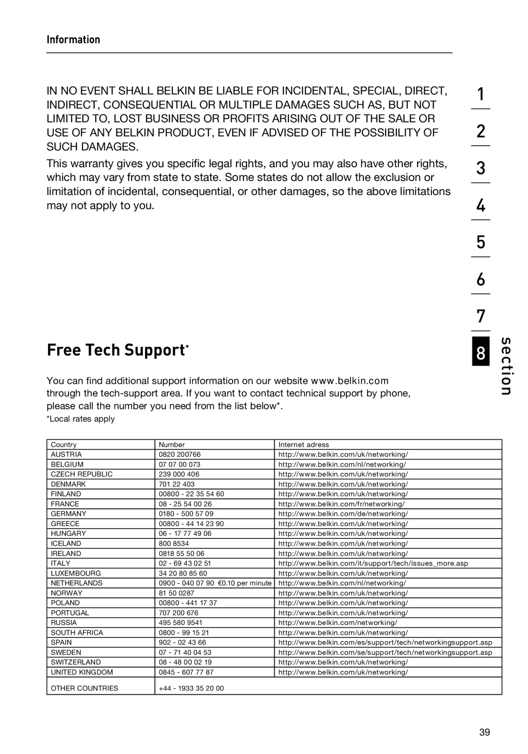 Belkin F1DC108BxxSR, F1DC116BxxSR user manual Free Tech Support 