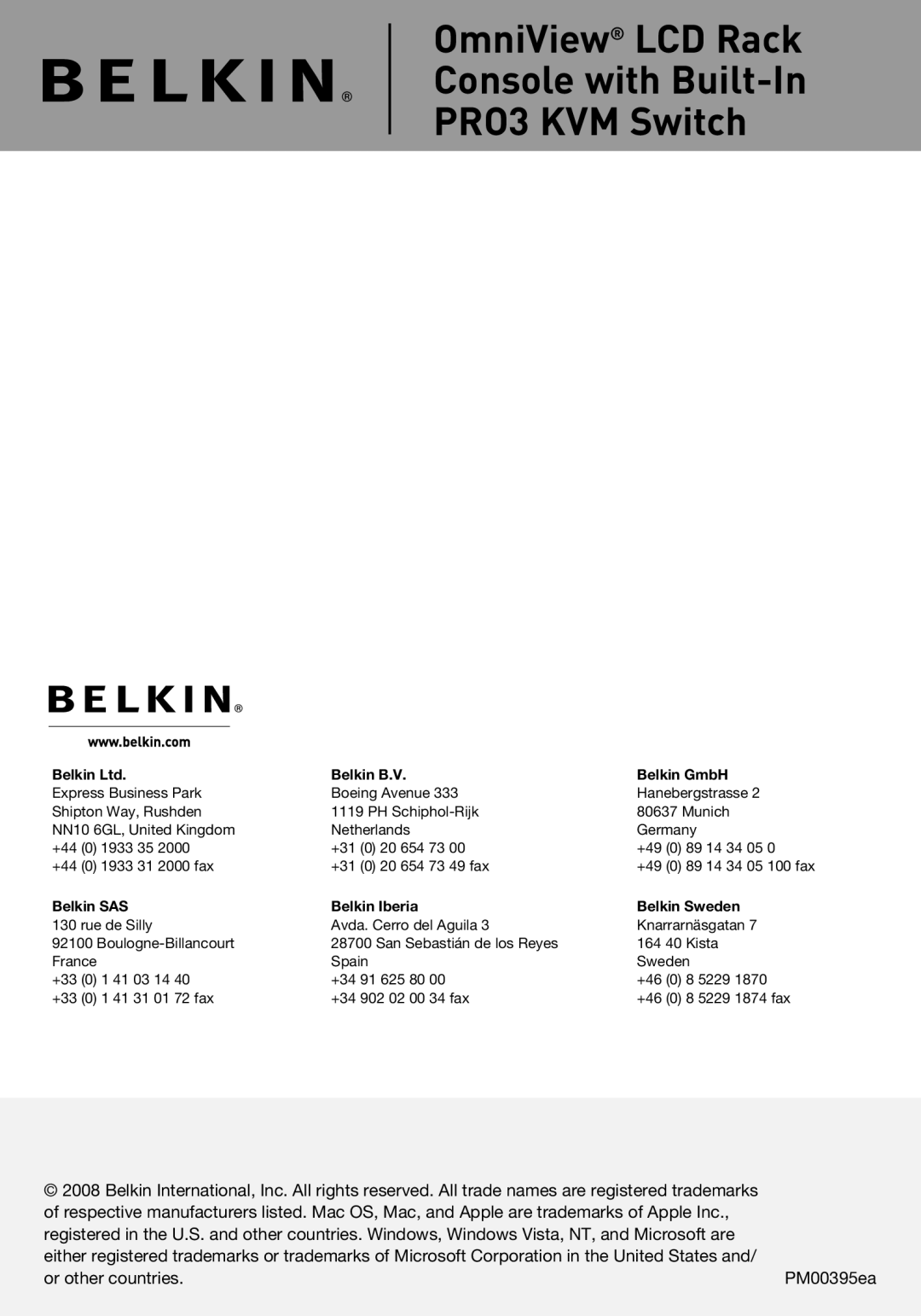 Belkin F1DC116BxxSR, F1DC108BxxSR user manual Belkin B.V Belkin GmbH 