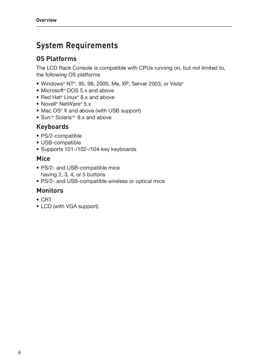 Belkin F1DC116BxxSR, F1DC108BxxSR user manual System Requirements, OS Platforms, Keyboards, Mice, Monitors 