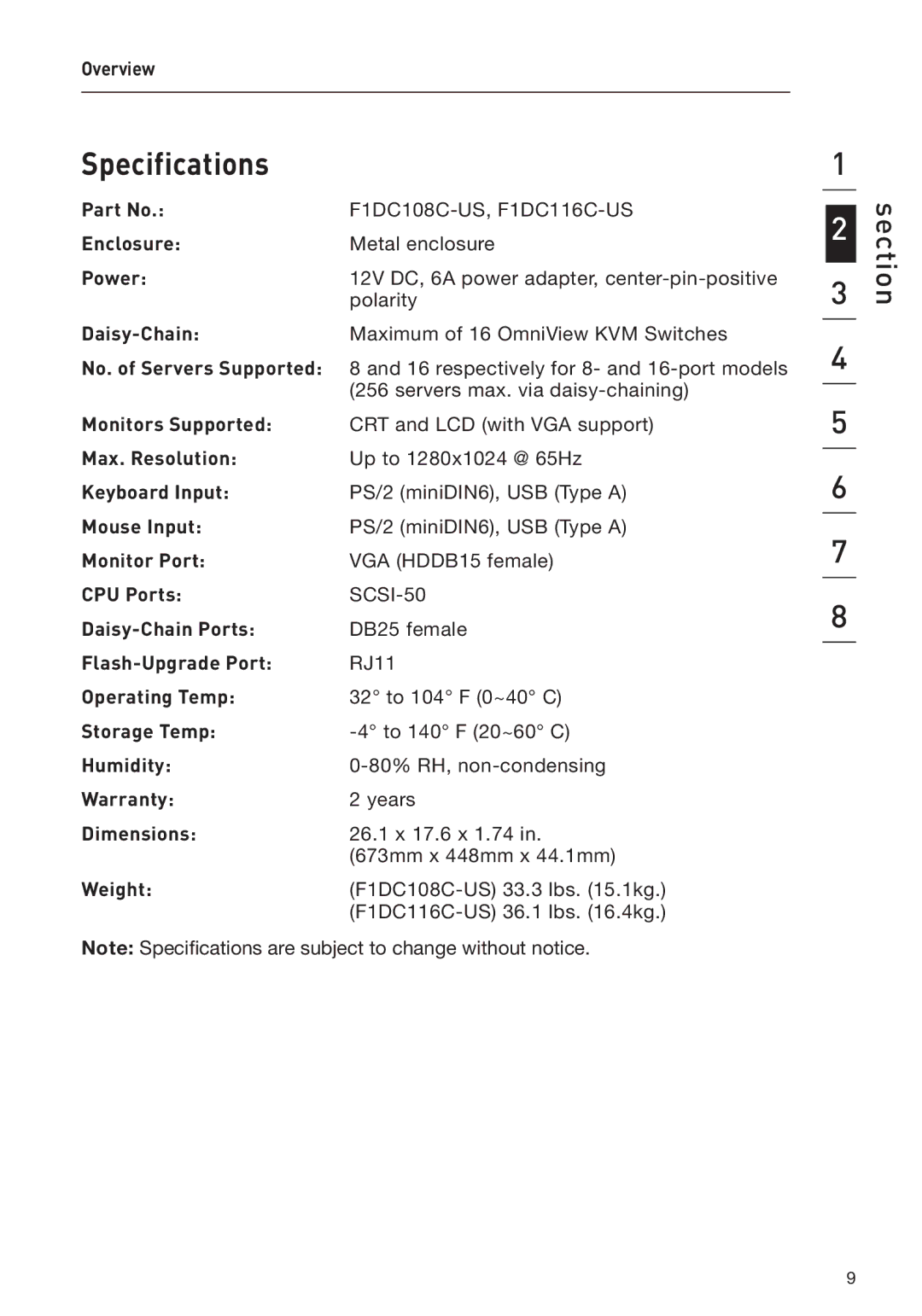 Belkin F1DC1XXC-US, F1DC116C-US, F1DC108C-US user manual Specifications 