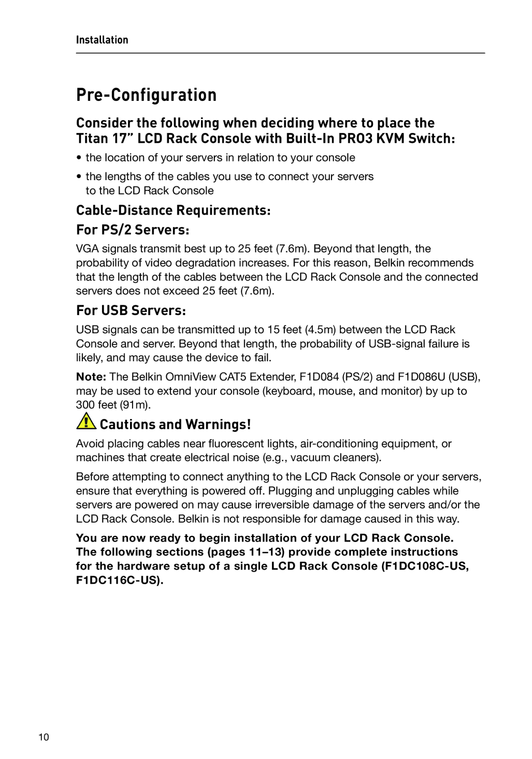 Belkin F1DC116C-US, F1DC108C-US user manual Pre-Configuration, Cable-Distance Requirements For PS/2 Servers, For USB Servers 