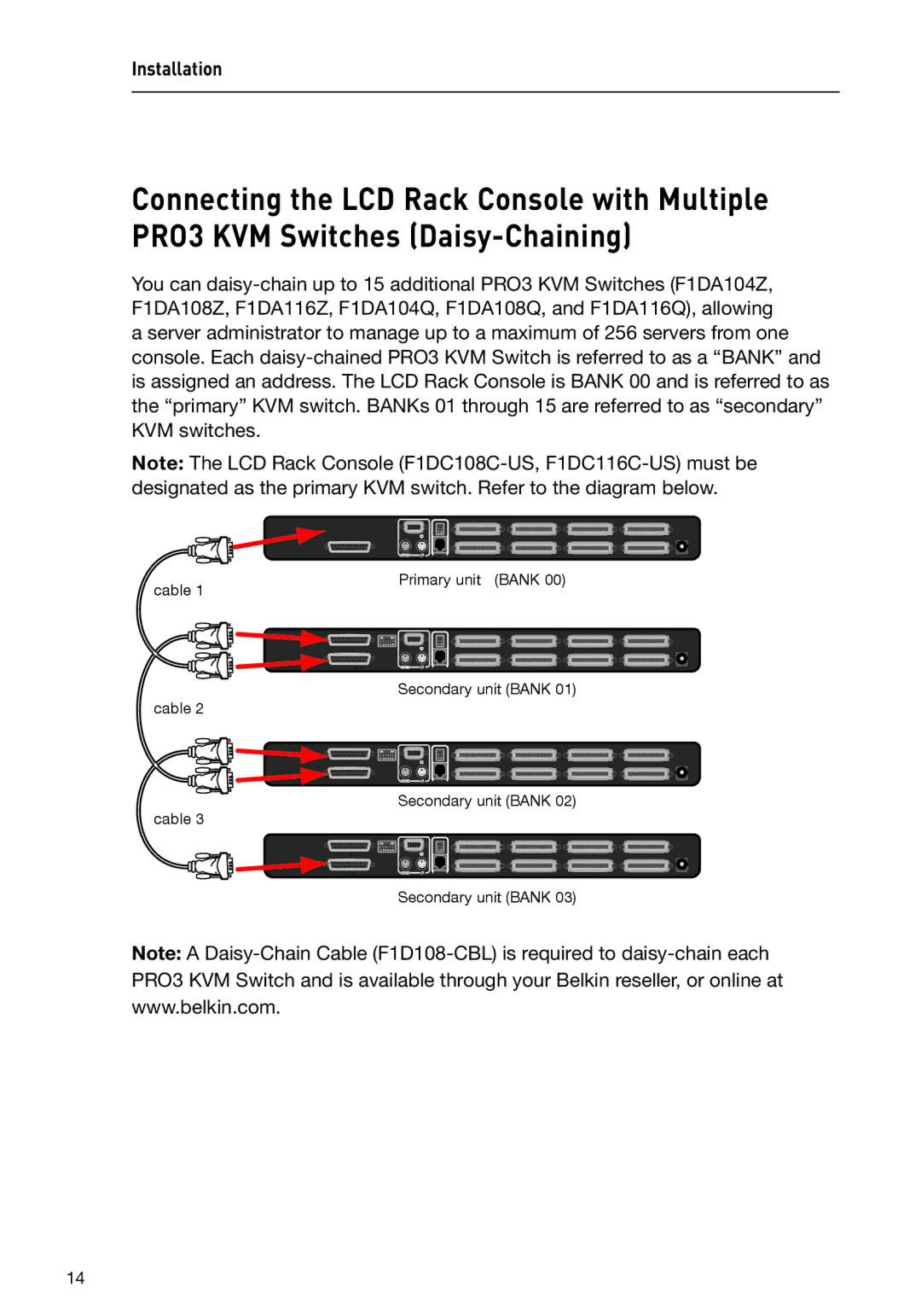 Belkin F1DC108C-US, F1DC116C-US, F1DC1XXC-US user manual Cable Primary unit Bank Secondary unit Bank 