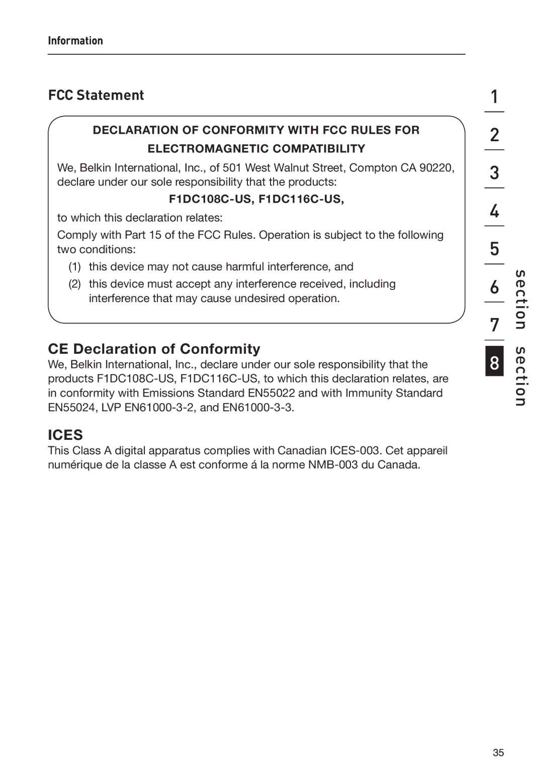 Belkin F1DC1XXC-US user manual FCC Statement, CE Declaration of Conformity, F1DC108C-US, F1DC116C-US 