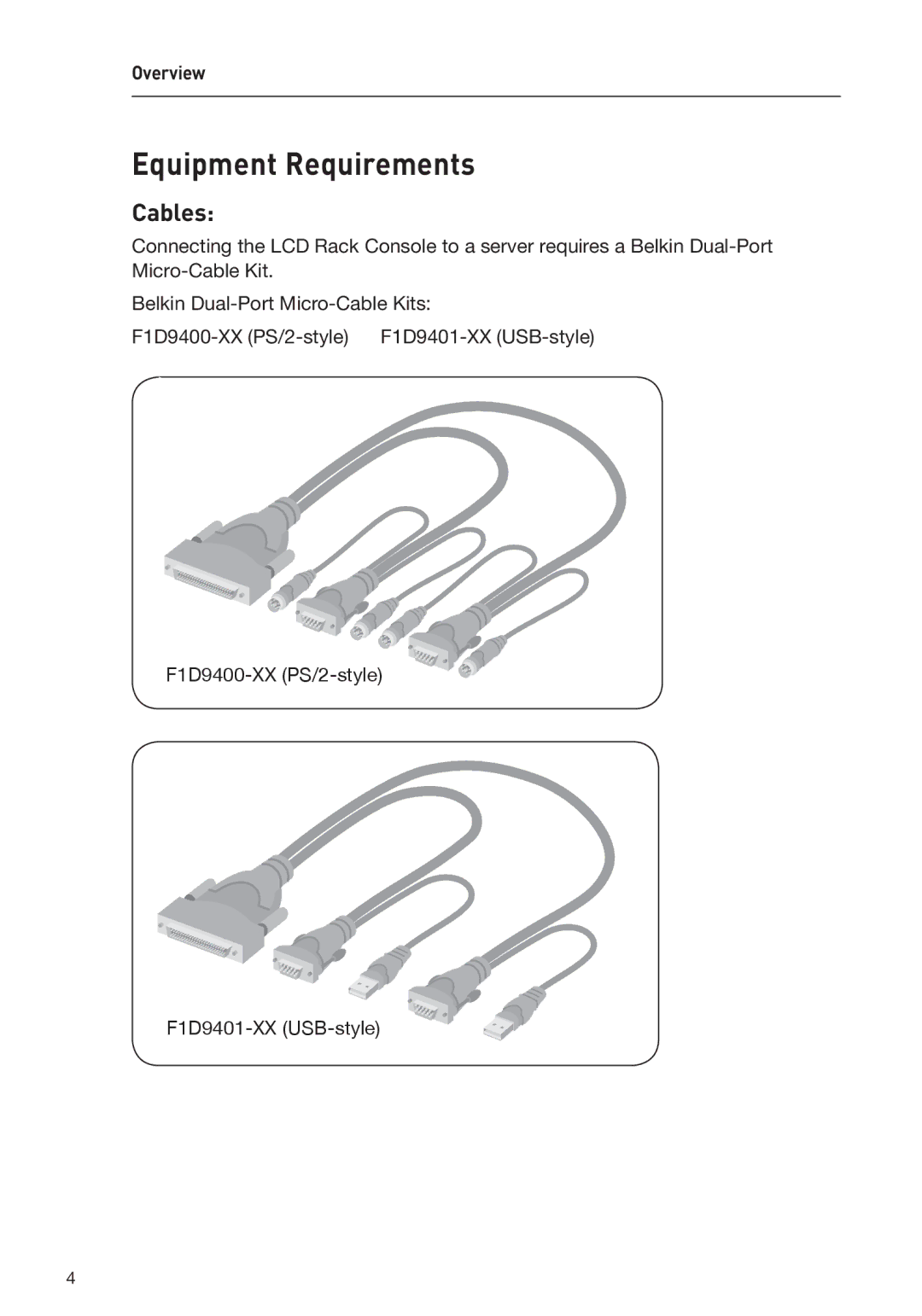 Belkin F1DC116C-US, F1DC108C-US, F1DC1XXC-US user manual Equipment Requirements, Cables 