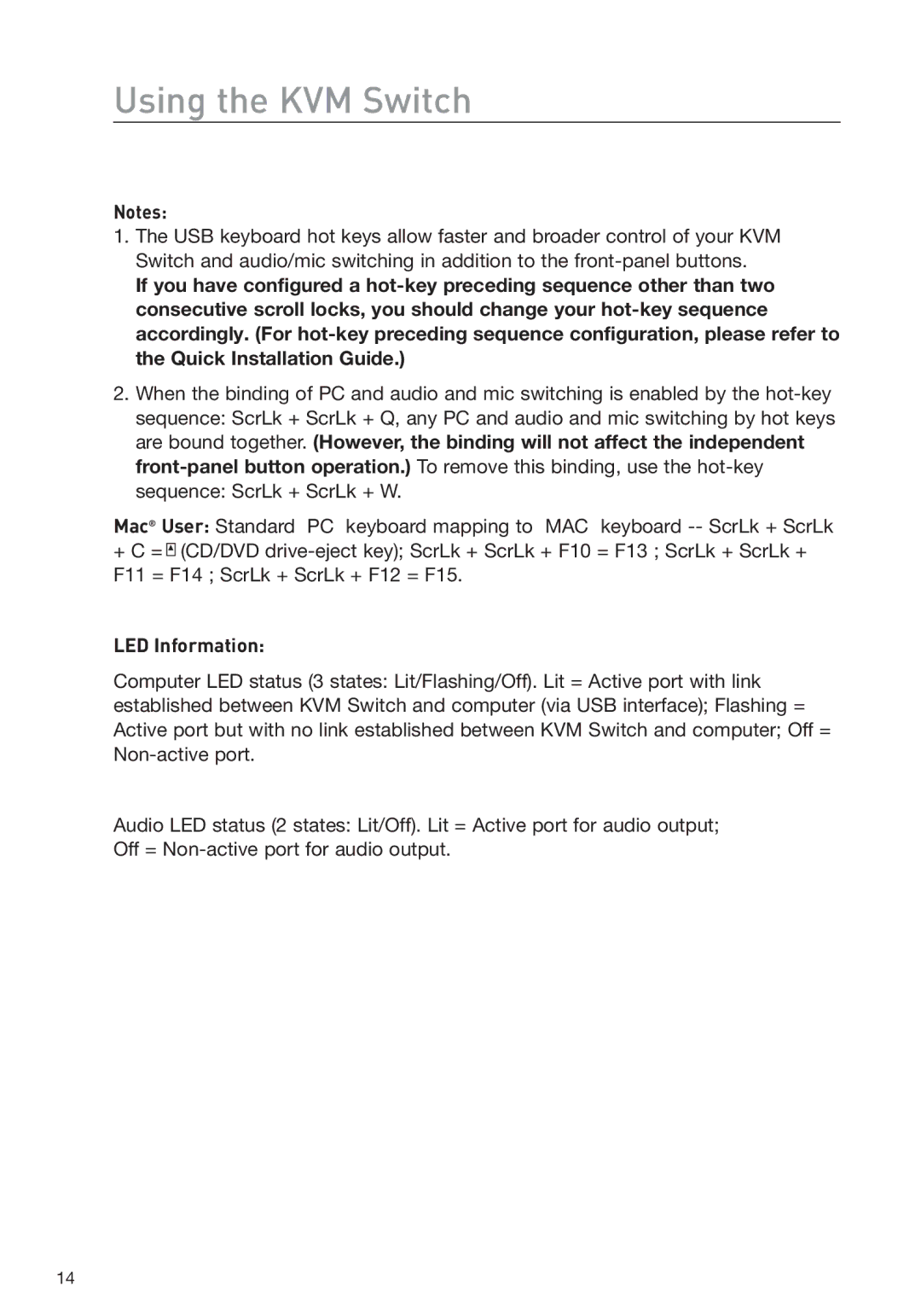 Belkin F1DD102L user manual LED Information 