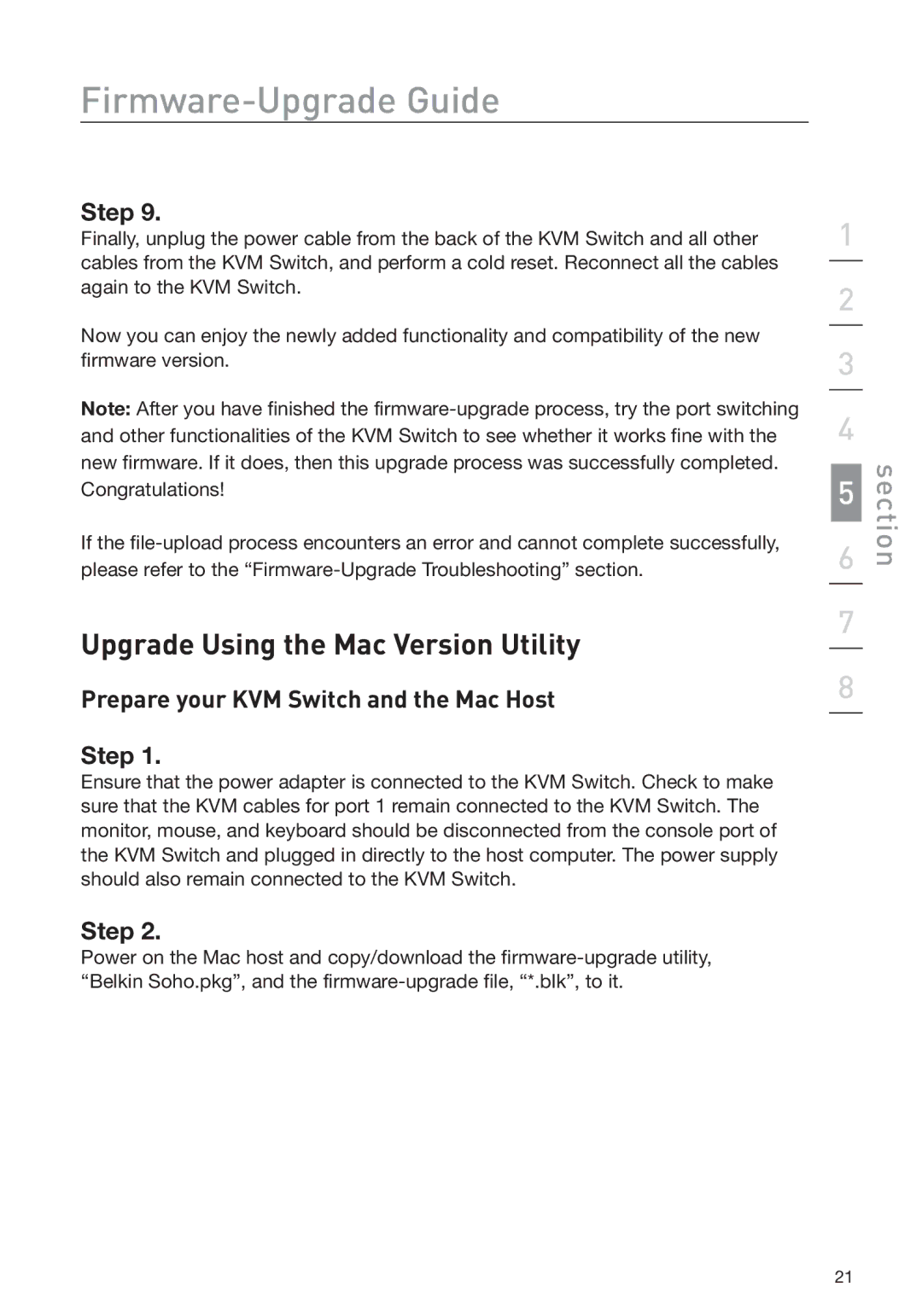 Belkin F1DD102L user manual Upgrade Using the Mac Version Utility, Prepare your KVM Switch and the Mac Host Step 