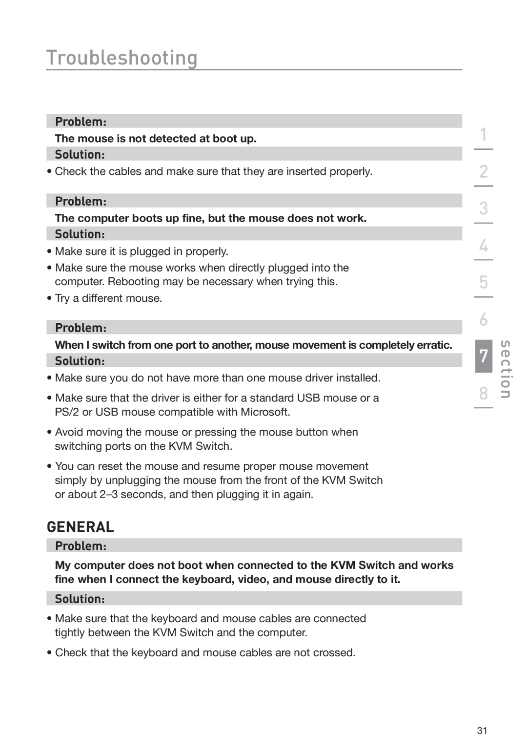 Belkin F1DD102L user manual Mouse is not detected at boot up, Computer boots up fine, but the mouse does not work 