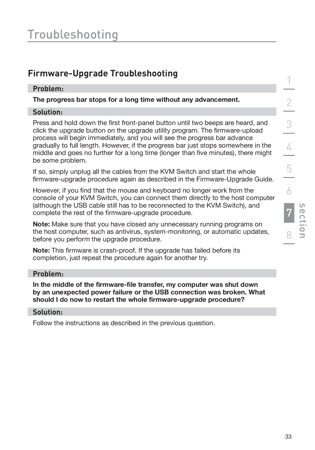 Belkin F1DD102L user manual Firmware-Upgrade Troubleshooting, Progress bar stops for a long time without any advancement 